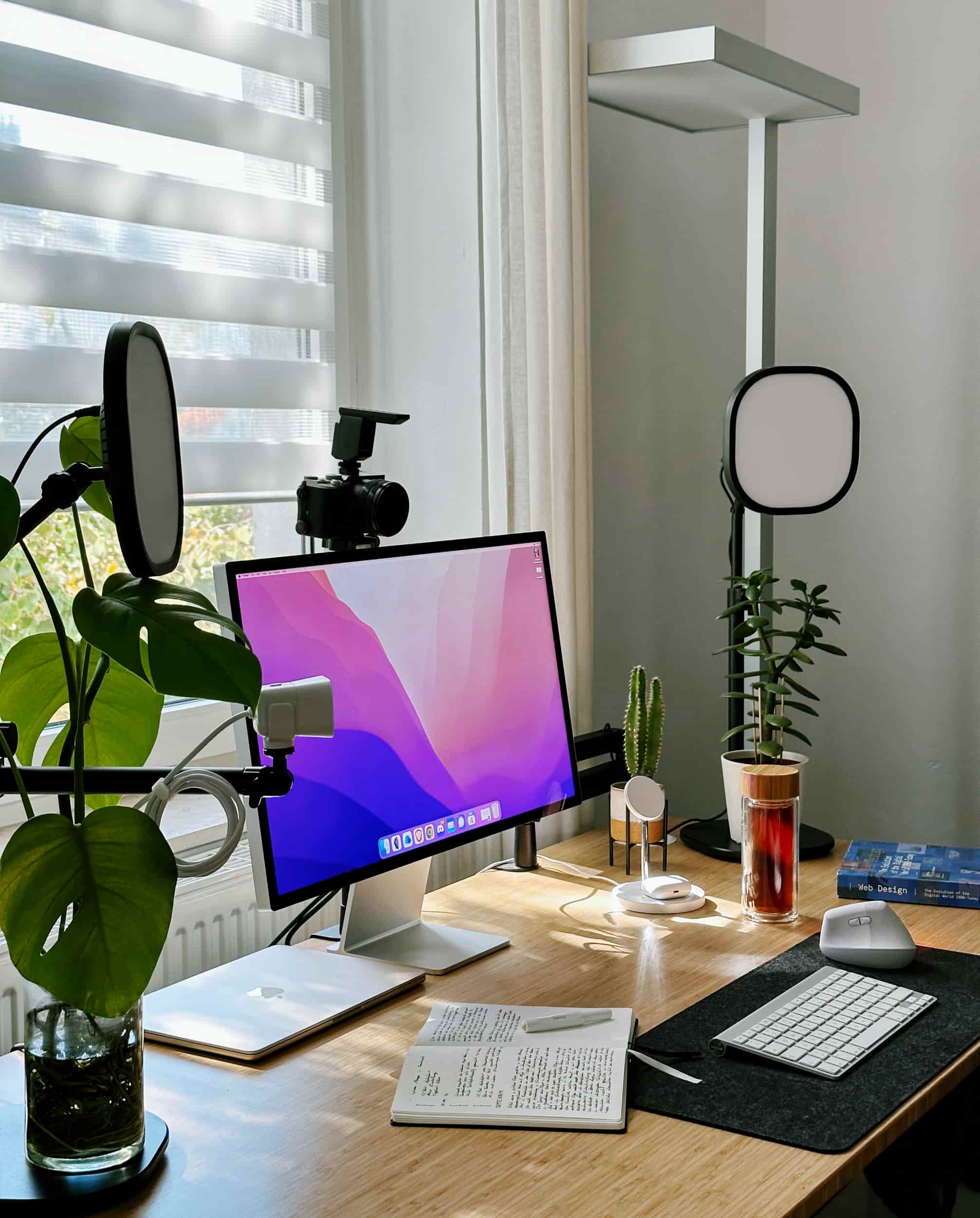 Ergonomisches Homeoffice-Setup: Tipps für Selbstständige. Produktiver Arbeitsplatz mit modernem Equipment und Pflanzen für Wohlbefinden.