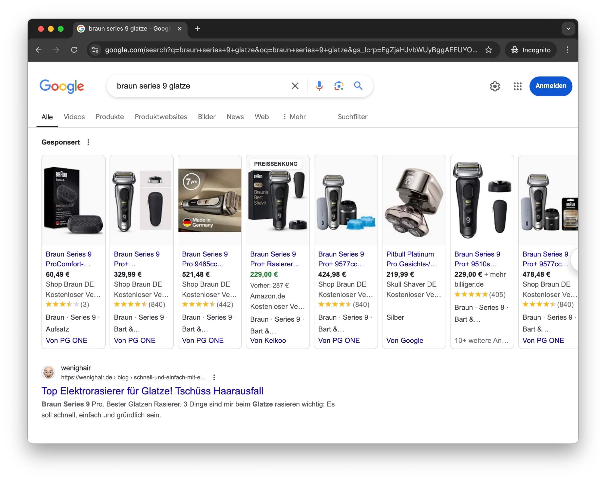 Google-Suchergebnisse für "braun series 9 glatze" mit wenighair-Artikeln auf Top-Positionen. Produktbilder und Preisvergleiche von Braun Series 9 Rasierern.