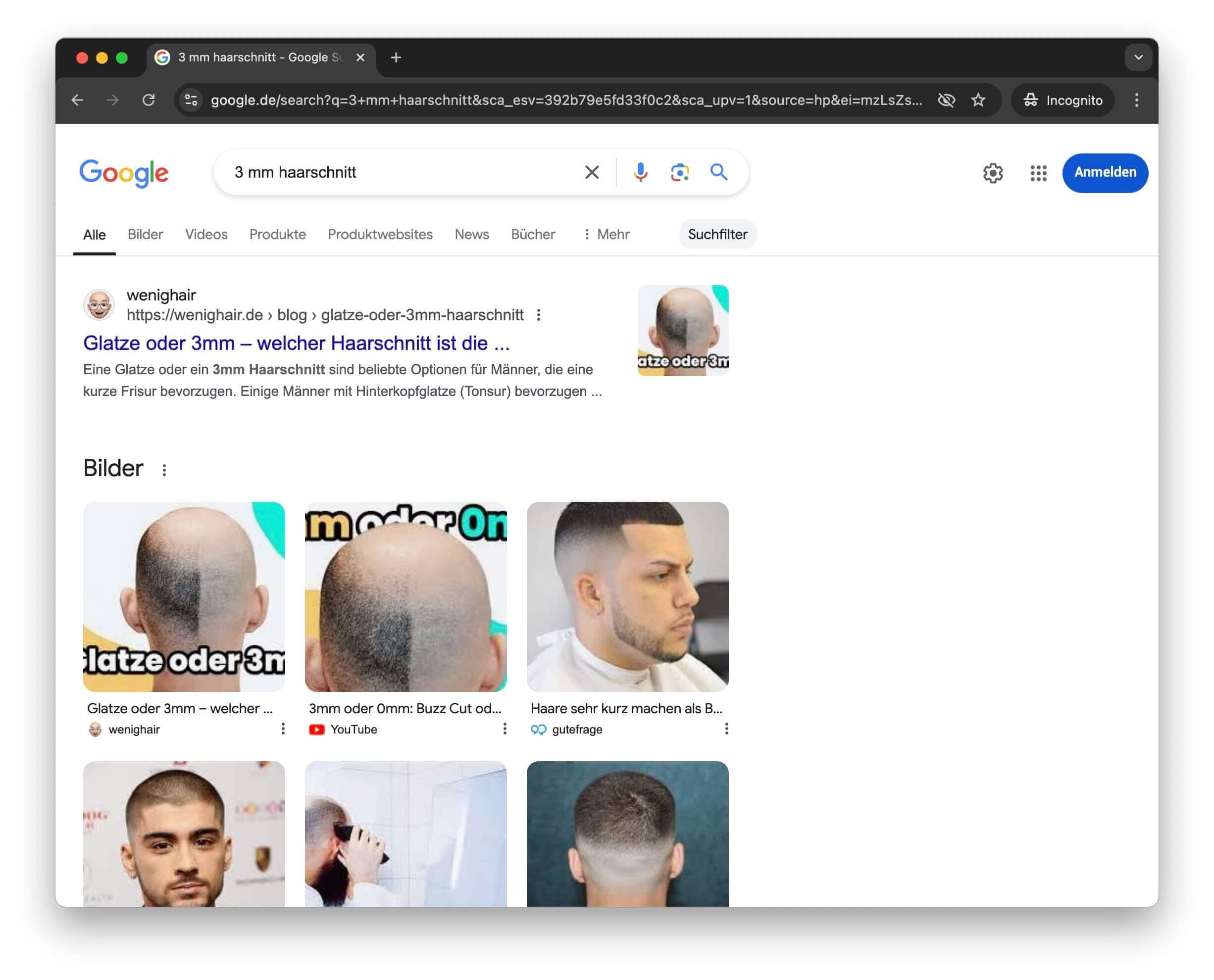 Google-Suchergebnisse für "3 mm haarschnitt" mit wenighair als Top-Ergebnis. Bilder zeigen Glatze und kurze Haarschnitte im Vergleich.