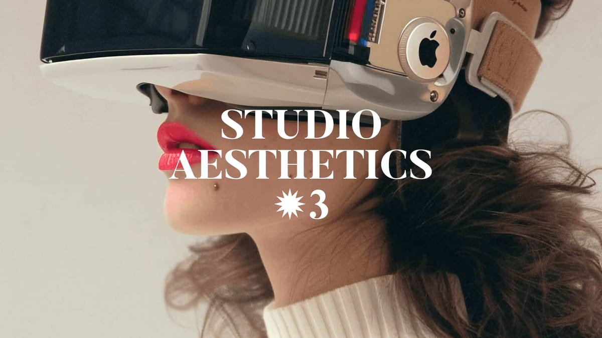 Seitenansicht einer Frau mit VR-Headset und rotem Lippenstift. Text STUDIO AESTHETICS 3 symbolisiert studio christos stavrou