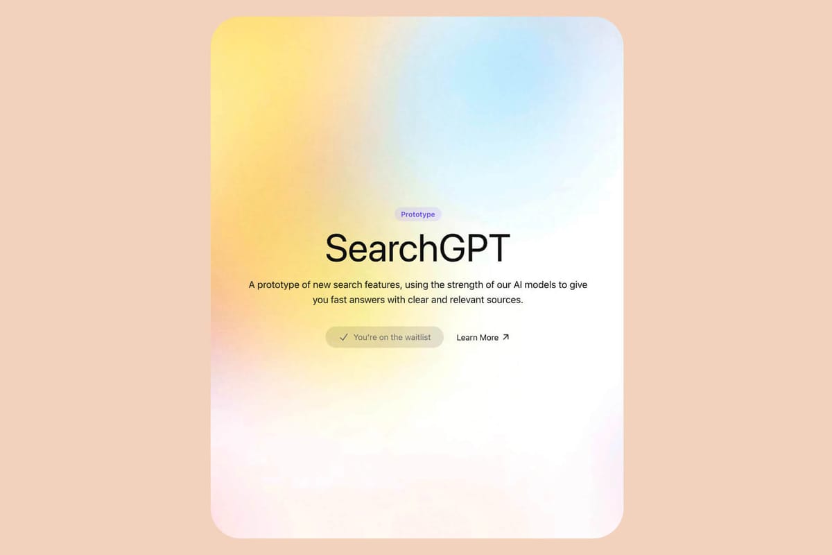 OpenAI Ankündigung von SearchGPT: KI-gestützte Suchfunktion mit schnellen Antworten und klaren Quellen. Warteliste verfügbar.