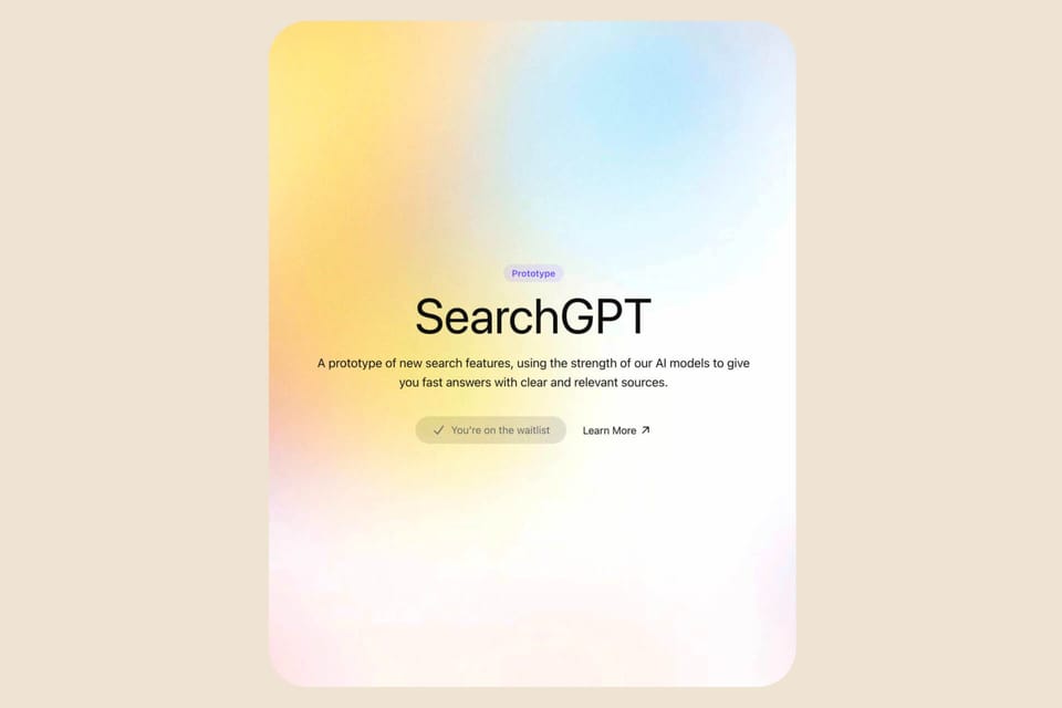 OpenAI Ankündigung von SearchGPT: KI-gestützte Suchfunktion mit schnellen Antworten und klaren Quellen. Warteliste verfügbar.